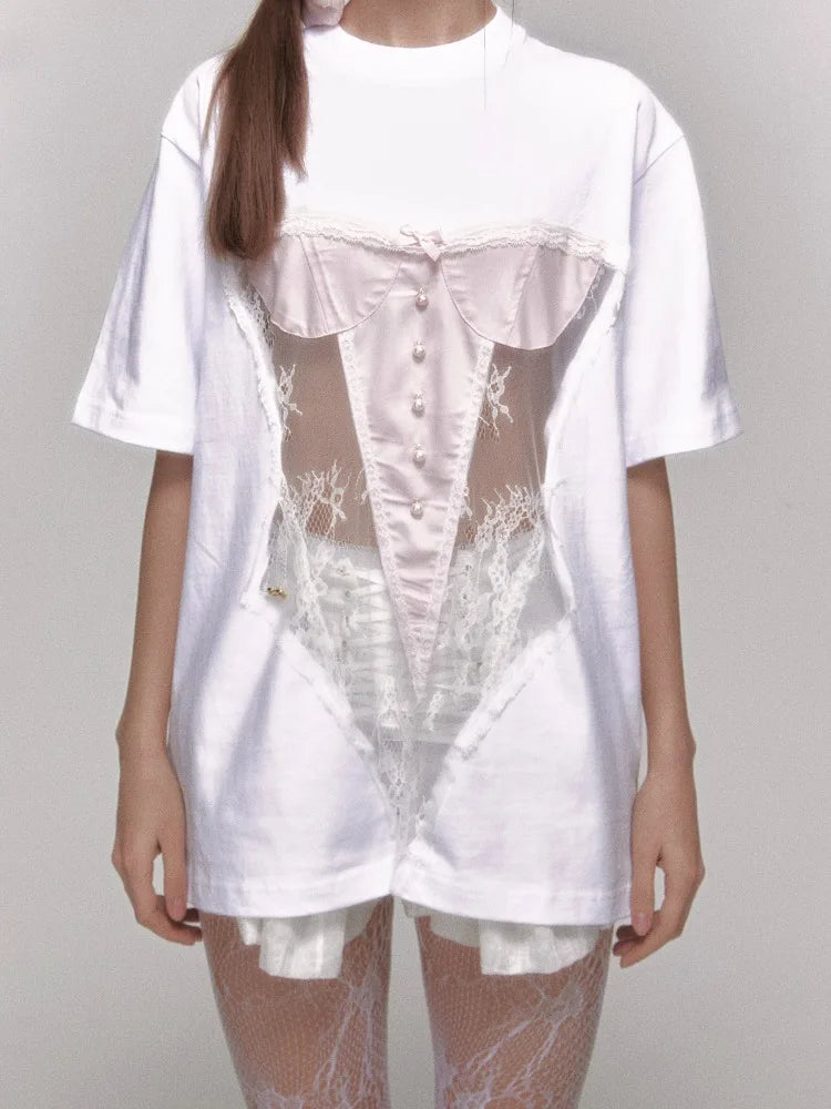 OLCooL Lace Hollow Out Oversized T Shirt Women Bikini Perspective Streetwear Tops American Retro Fashion Y2k Aesthetic Clothes olcool