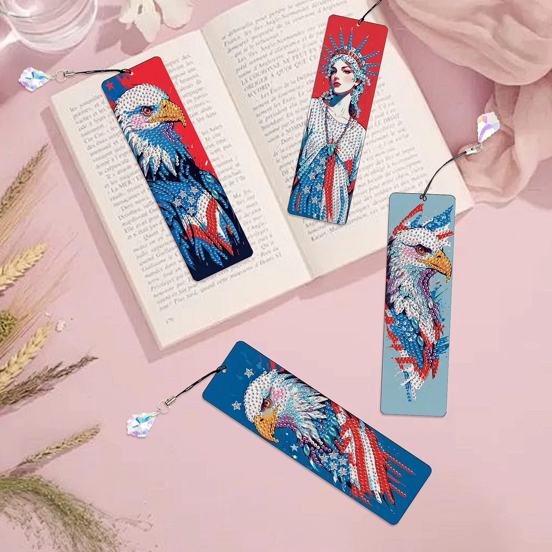 4Pcs Statue of Liberty and Eagle DIY Diamond Bookmark Art Projects Irregular Shaped Diamonds Diamond Painting Art Bookmarks with Crystal Pendants for DIY Making Beginners Adult Art Craft Supplies