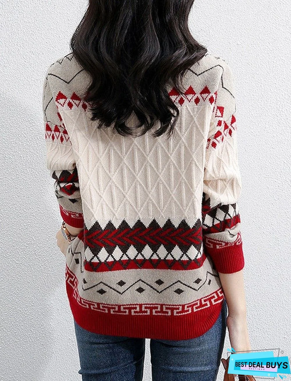 Fall/Winter Round Neck Retro Color Block Knitted Sweater