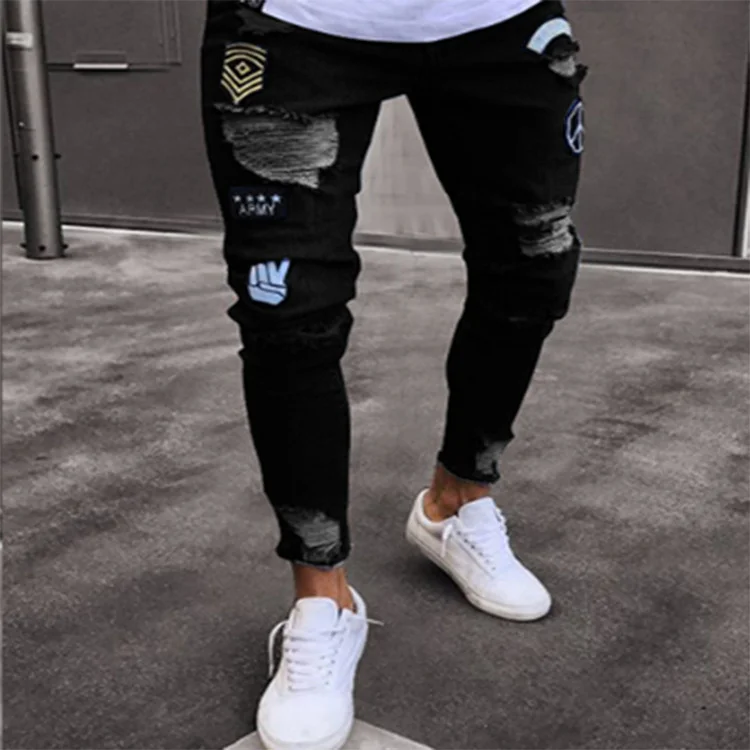 Men Stretchy Ripped Skinny Biker Embroidery Print Jeans Destroyed Hole Denim Hip Hop Jeans at Hiphopee