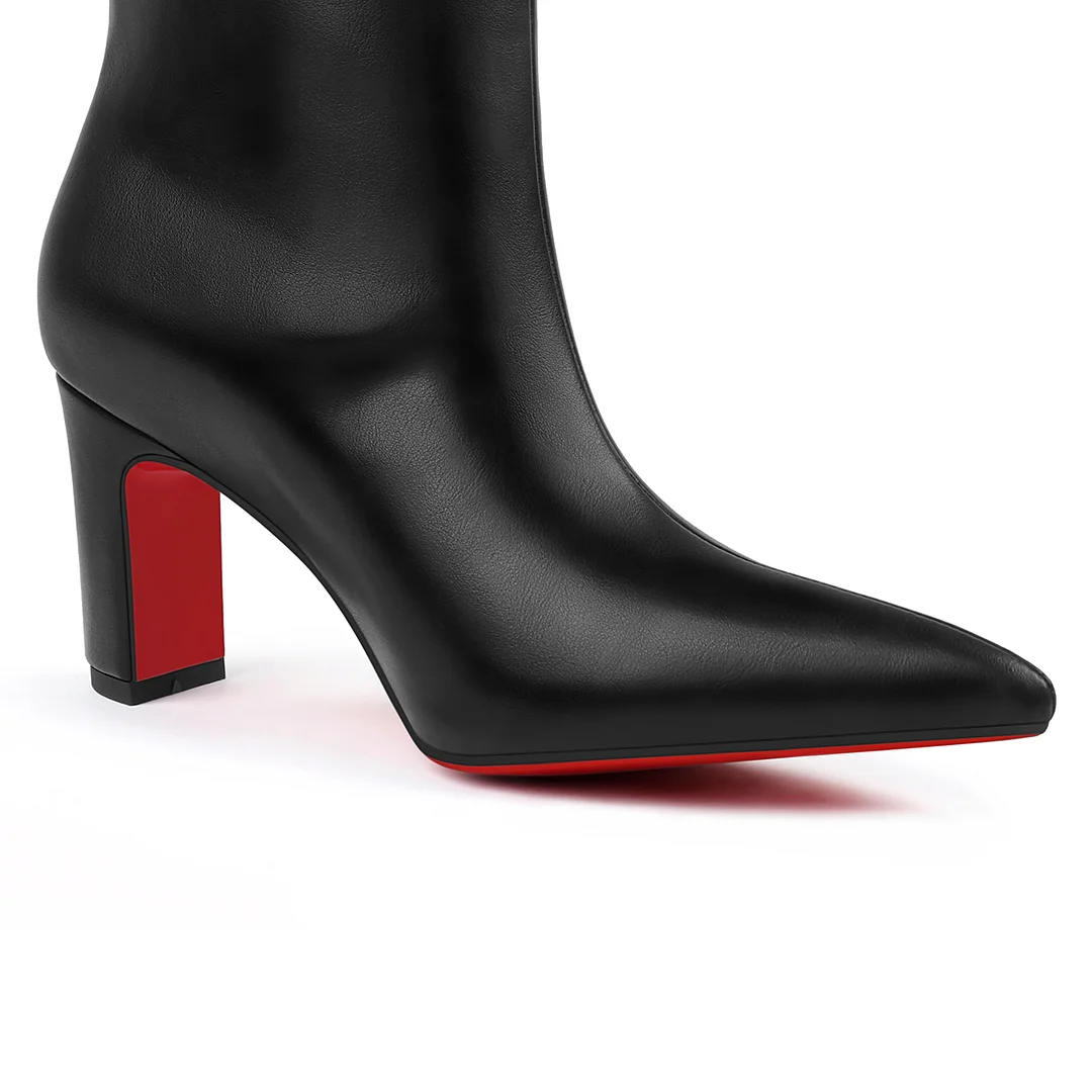 85mm Women's Pointed Toe Thick Heel Boots Knee High Red Bottom Boots-MERUMOTE