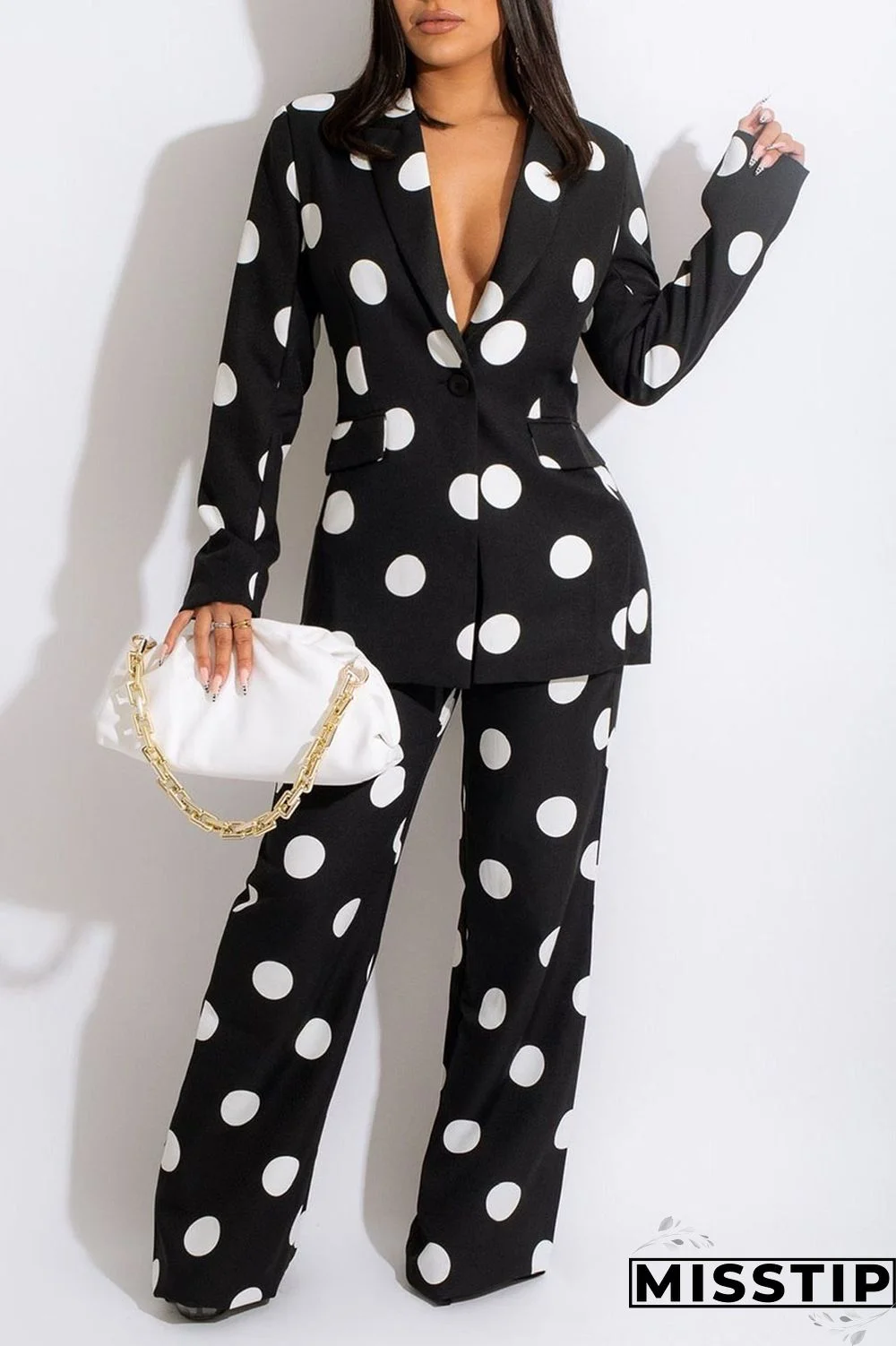 Black Casual Print Polka Dot Patchwork Buttons Turn-back Collar Long Sleeve Two Pieces