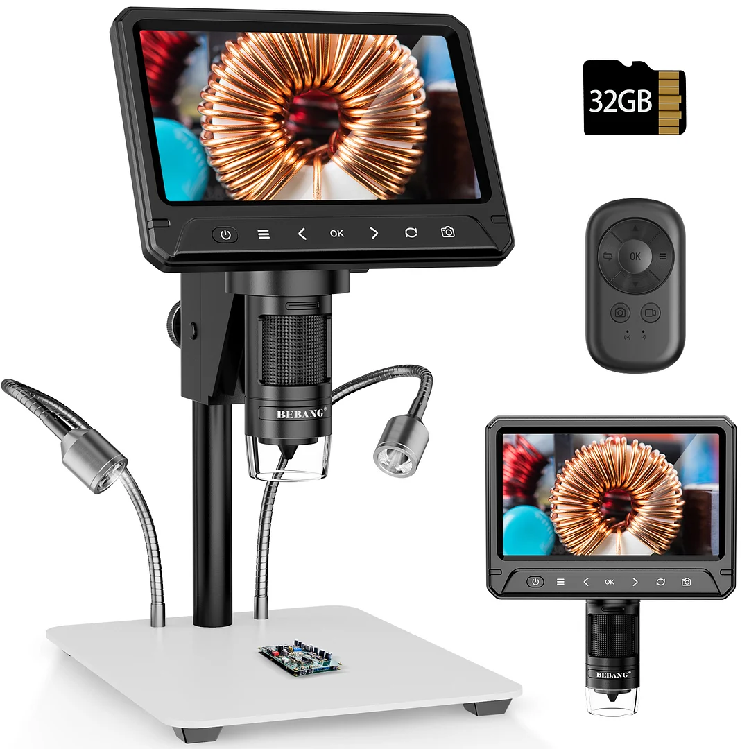 BEBANG 7" Coin Microscope, 1200X LCD Digital Microscope with 8 Adjustable LED Lights, 2 Flexible Side Lights, PC View Compatible with Windows Mac OS, 32GB
