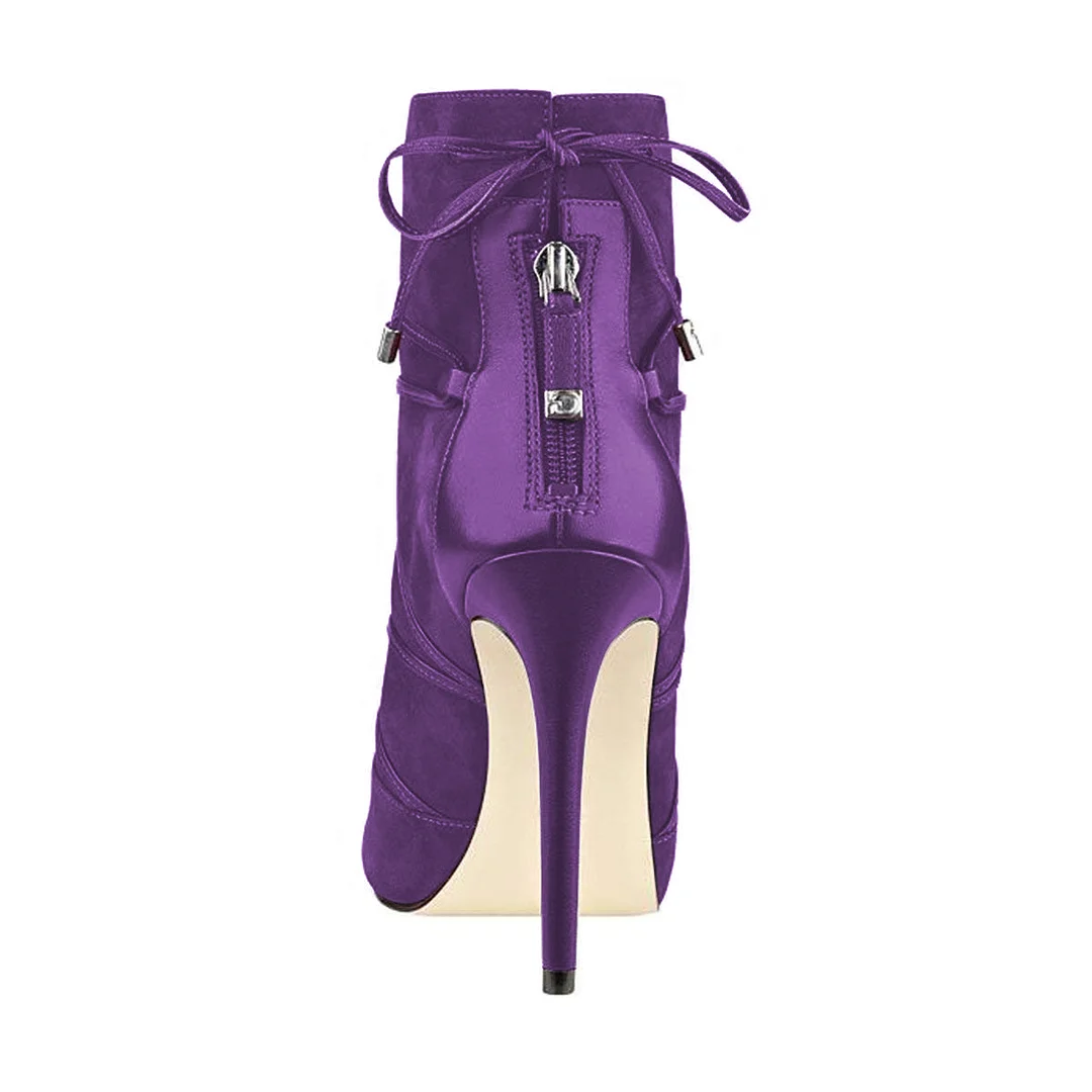 Purple Faux Suede Peep Toe Back-Zip Ankle Booties with Stiletto Heel