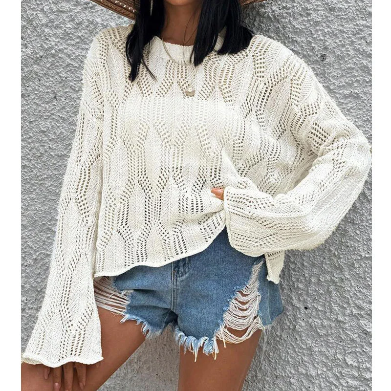 Athvotar Athvotar New Beach Hooded Solid Color Hollow Knitted Long-Sleeved Sunscreen