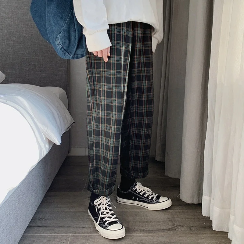 Privathinker  2021 New Fashion Man Loose Striped Length Trousers Korean Men Plaid Casual Pants Oversized Streetwear Joggers