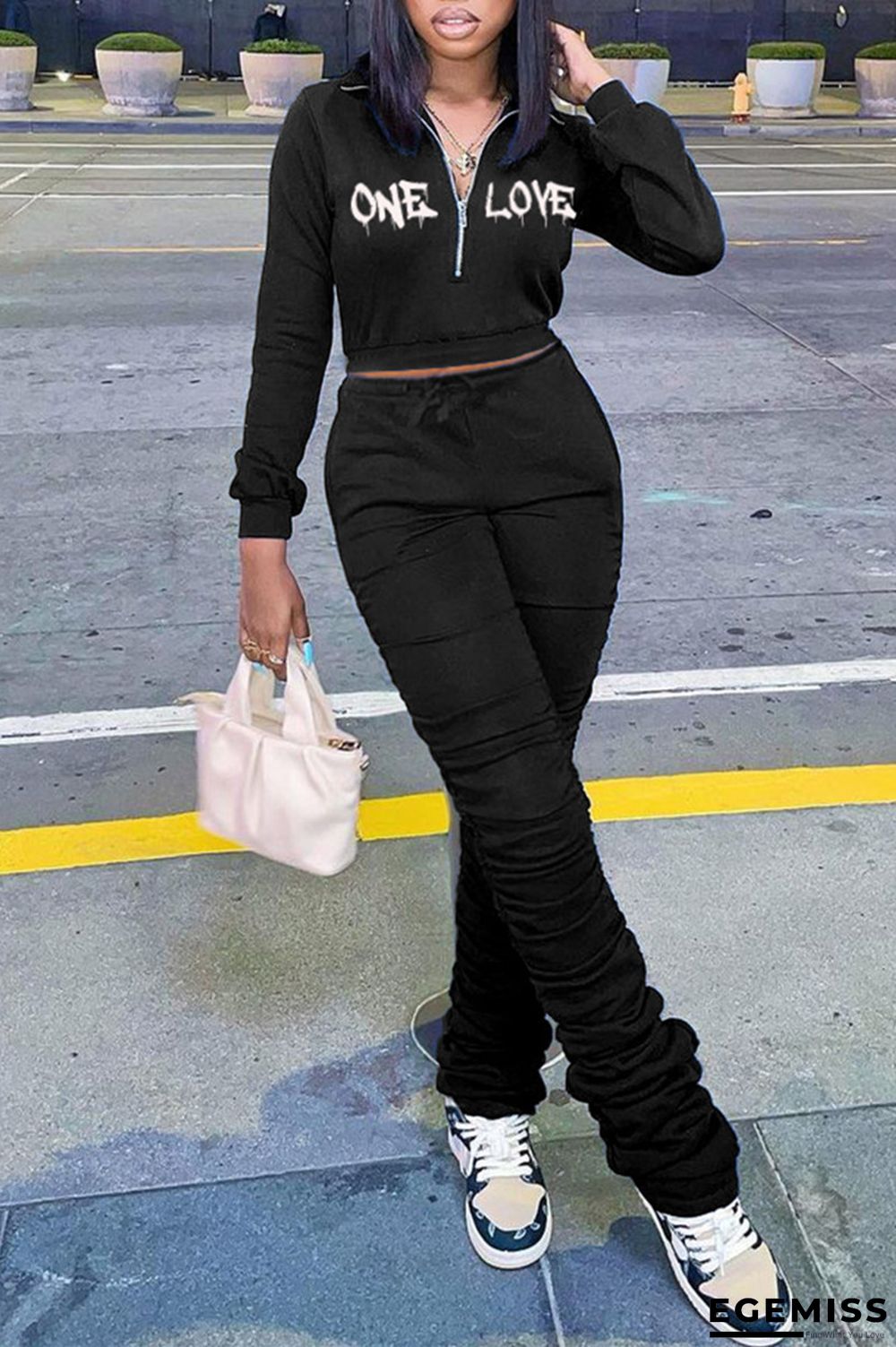 Black Fashion Casual Letter Embroidery Basic Zipper Collar Long Sleeve Two Pieces | EGEMISS