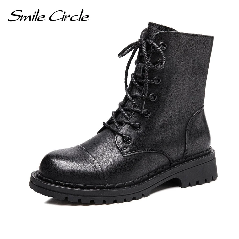 Smile Circle Short Boots Women Motorcycle Boots Platform Boots Cow Leather zipper Ladies Shoes Casual Autumn