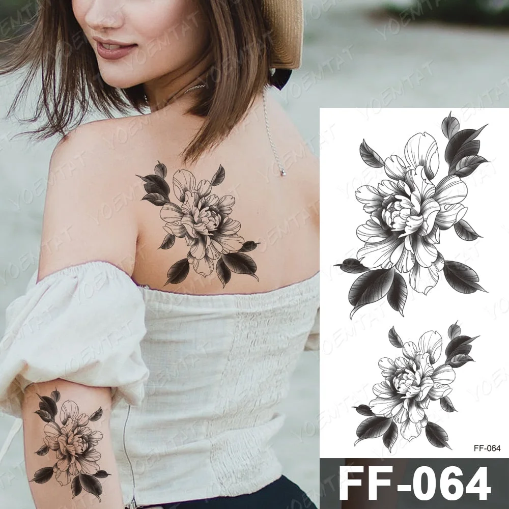Waterproof Temporary Tattoo Stickers Peony Rose Flower Gun Flash Tattoos Female Black Sketch Body Art Arm Sexy Fake Tatto Male