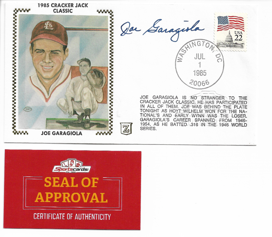 Signed Cracker Jack 3.5x6.5 Envelope Postcard Joe Garagiola Baseball Photo Poster painting SCCOA