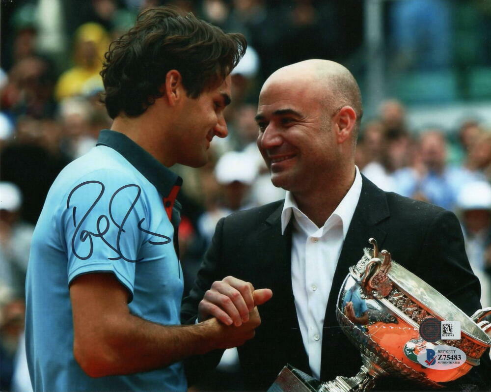 ROGER FEDERER SIGNED AUTOGRAPH 8X10 Photo Poster painting - TENNIS LEGEND W ANDRE AGASSI BECKETT