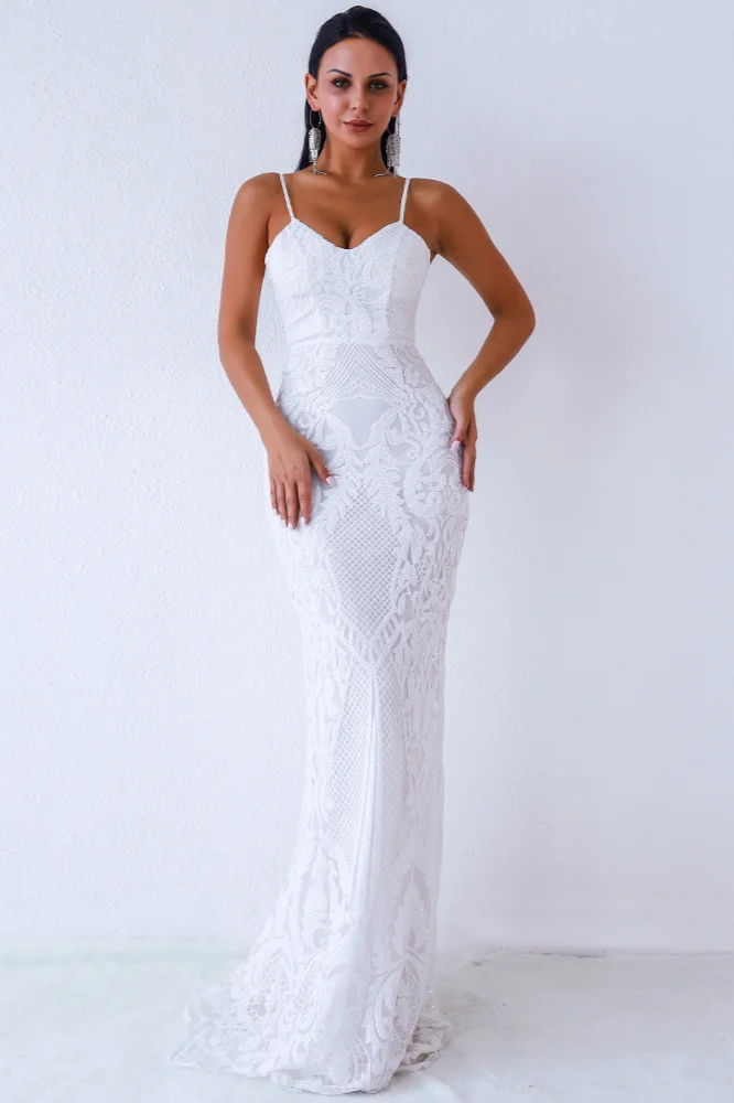 Elegant White Spaghetti-Stral Mermaid Prom Dress With Lace - lulusllly