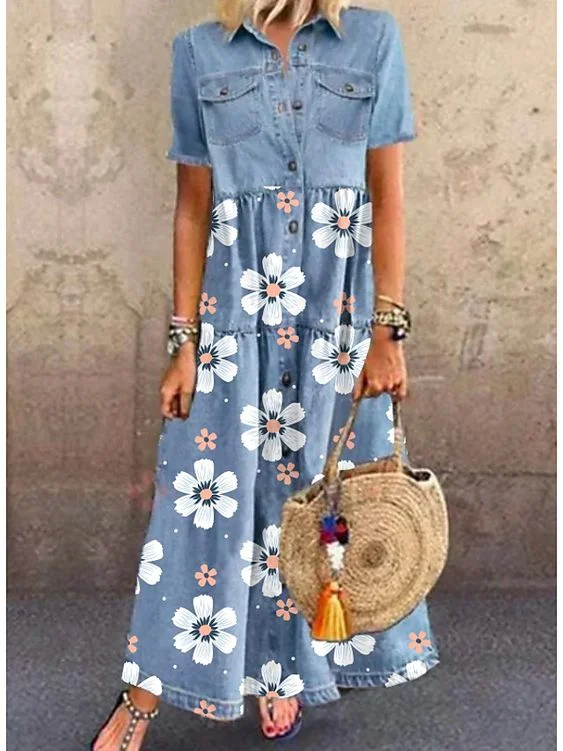 Denim floral print skirt Long Sleeve Dress Female Dress