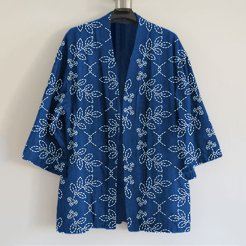 Comstylish Floral Leaf Sashiko Art Cozy Linen Kimono Cardigan