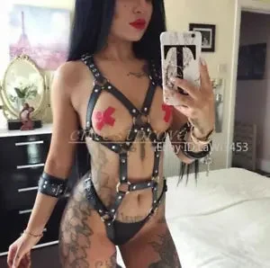 pornhint Pornhint PU Leather Girl Clubwear Bondage Costume Cupless Chain Straps Lingerie Handcuffs