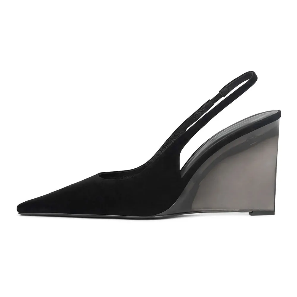 Black Vegan Suede Pointed Toe Wedge High Heel Slingback Pumps