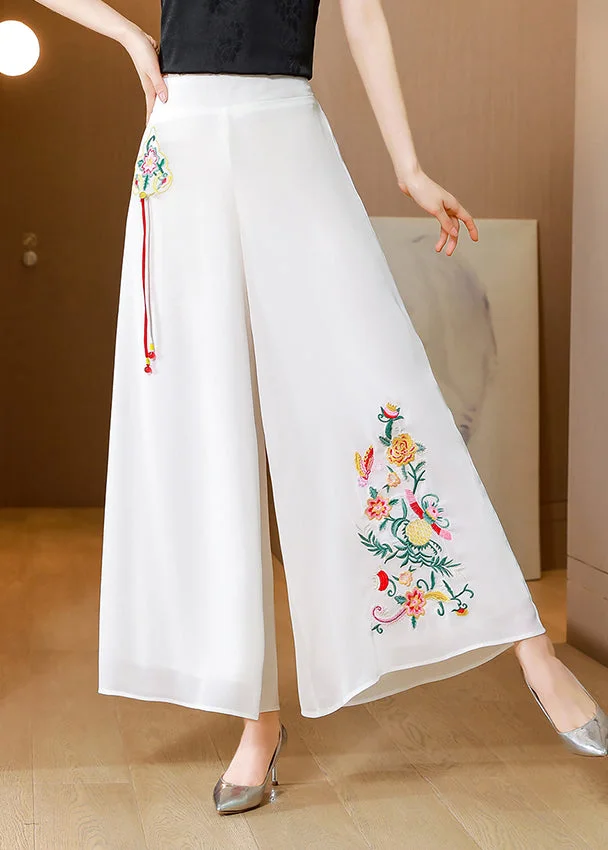 Simple White Embroideried Tassel Chiffon Straight Pants Summer