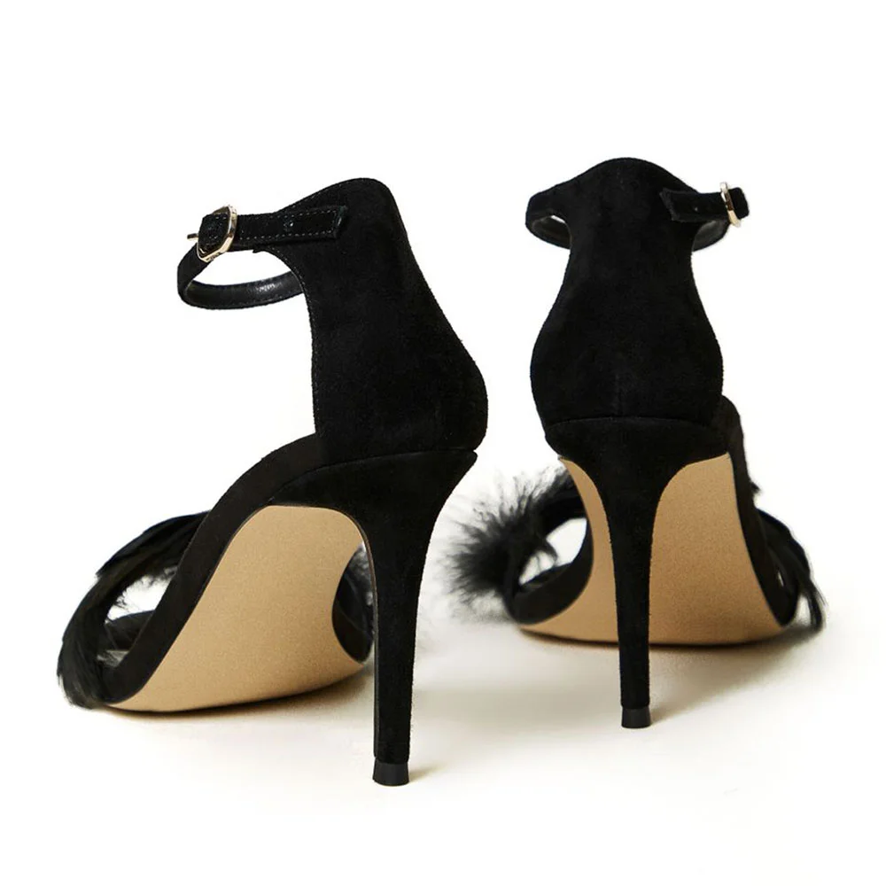 Elegant Feathers Buckle Ankle Strap Round Toe Black Heels Sandals 
