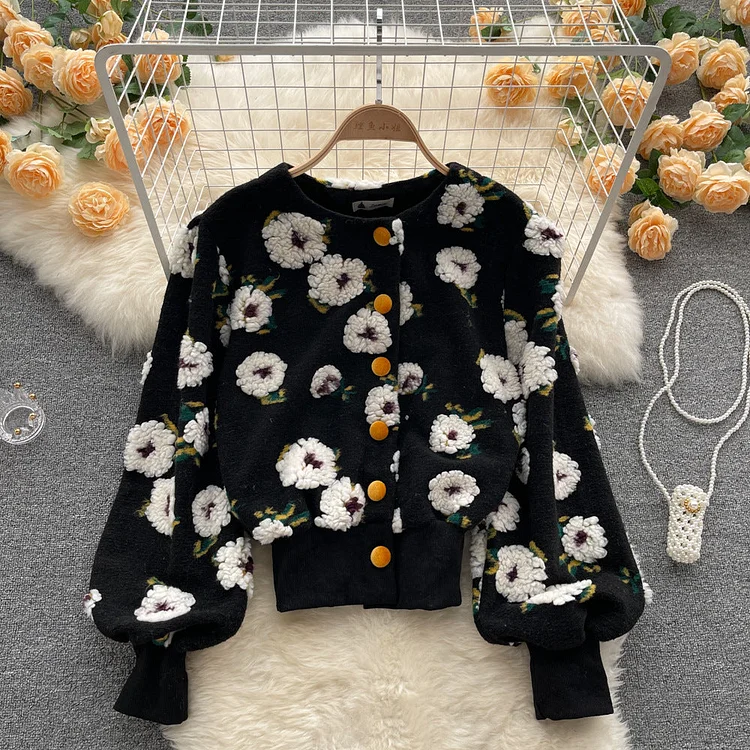 3d flower cardigan plush button coat Clearance