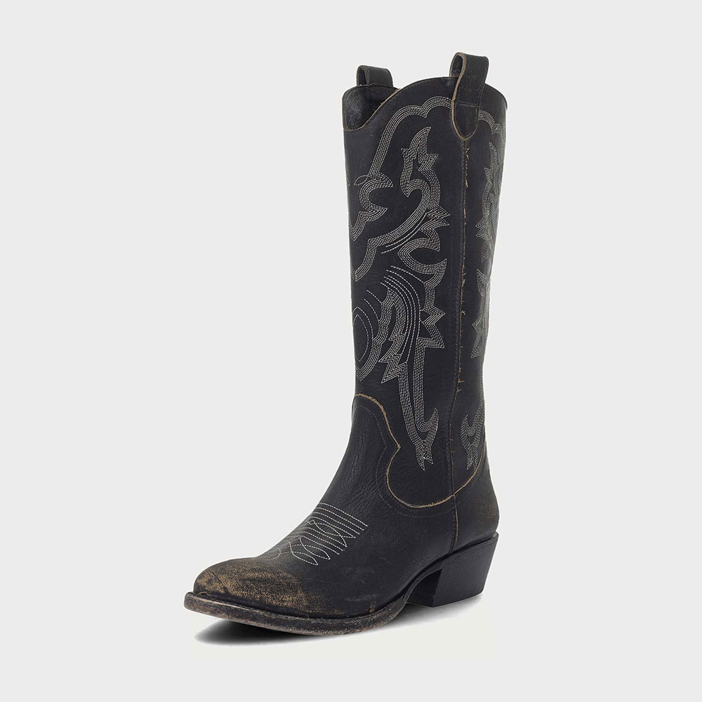 Black Vintage Embroidered Round Toe Chunky Heel Mid-Calf Cowgirl Boots Nicepairs