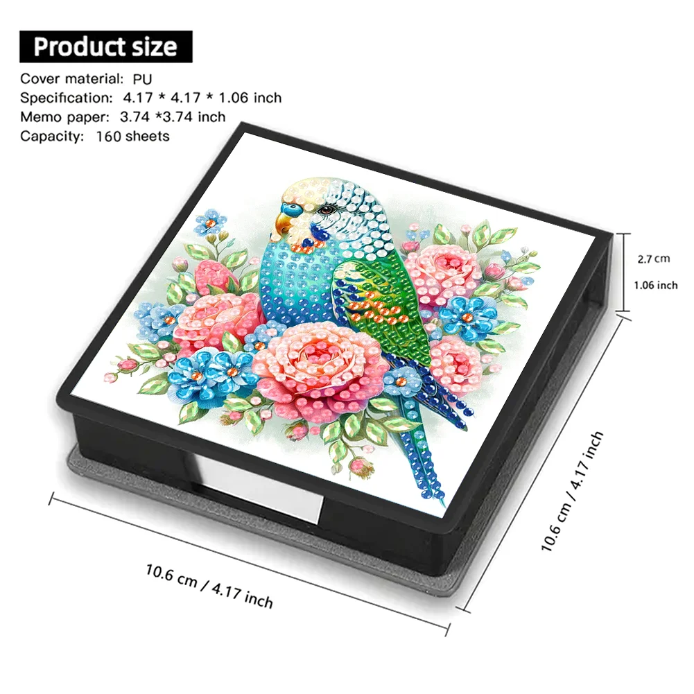 DIY Flower Parrot Leather Diamond Art Note Box with 160 Sheets of Paper for Beginners