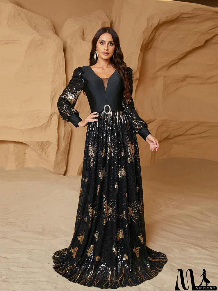 Formal V-Neck Sequin Black Ball Gown RM21074