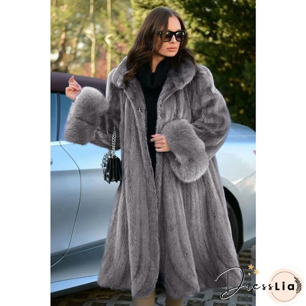 Women's Winter New Fashion Plus Size Luxury Elegant Solid Color Turn Down Collar Faux Fur Coat Warm Outerwear Tops