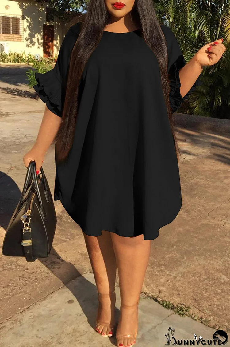 Black Casual Solid Patchwork Asymmetrical O Neck Straight Plus Size Dresses
