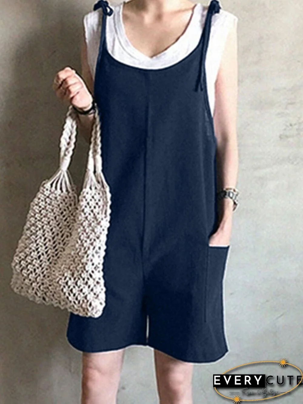 Solid Knotted Pocket Sleeveless Casual Cotton Romper