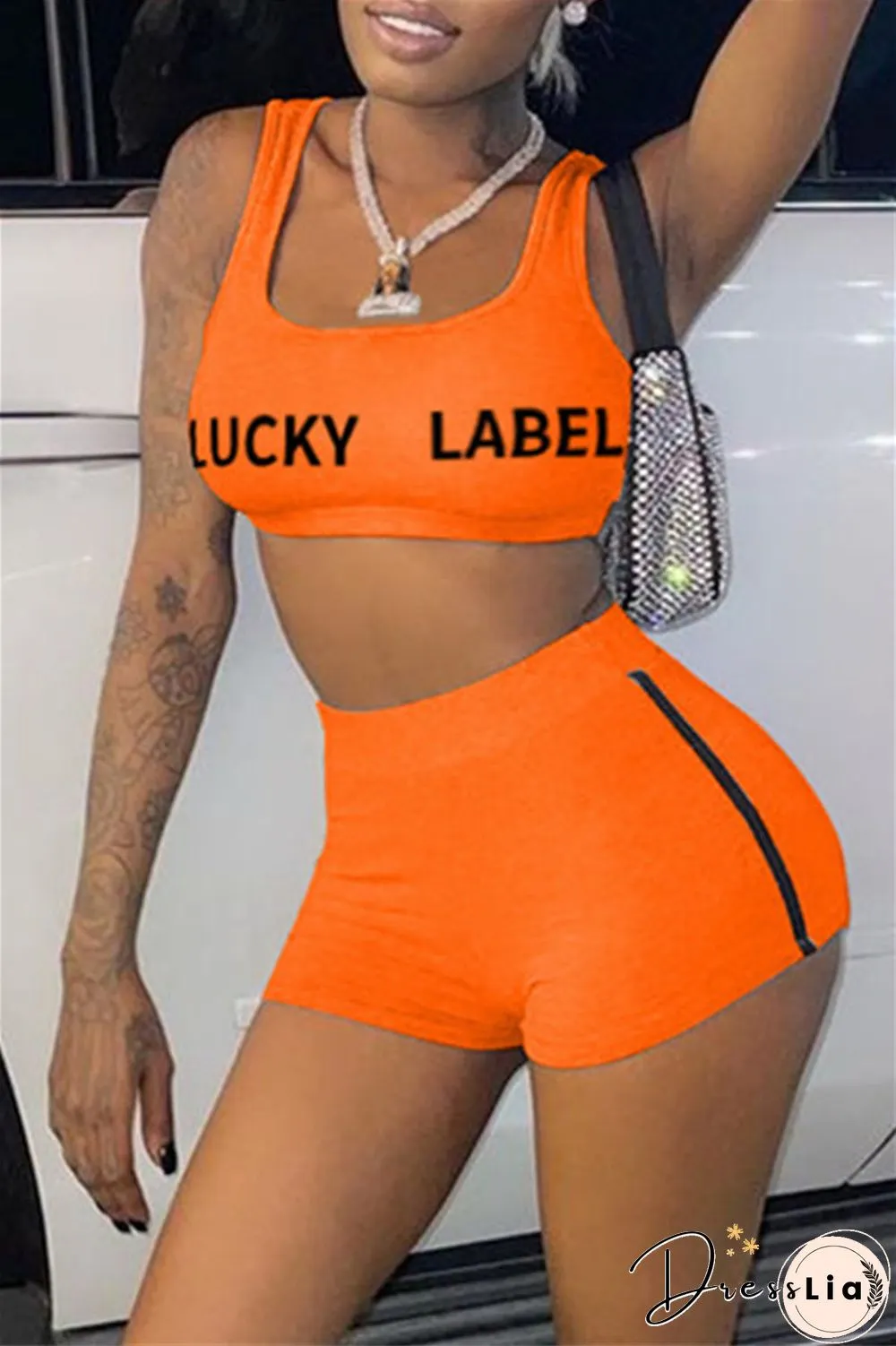 Fashion Casual Letter Print Basic U Neck Sleeveless Two Pieces