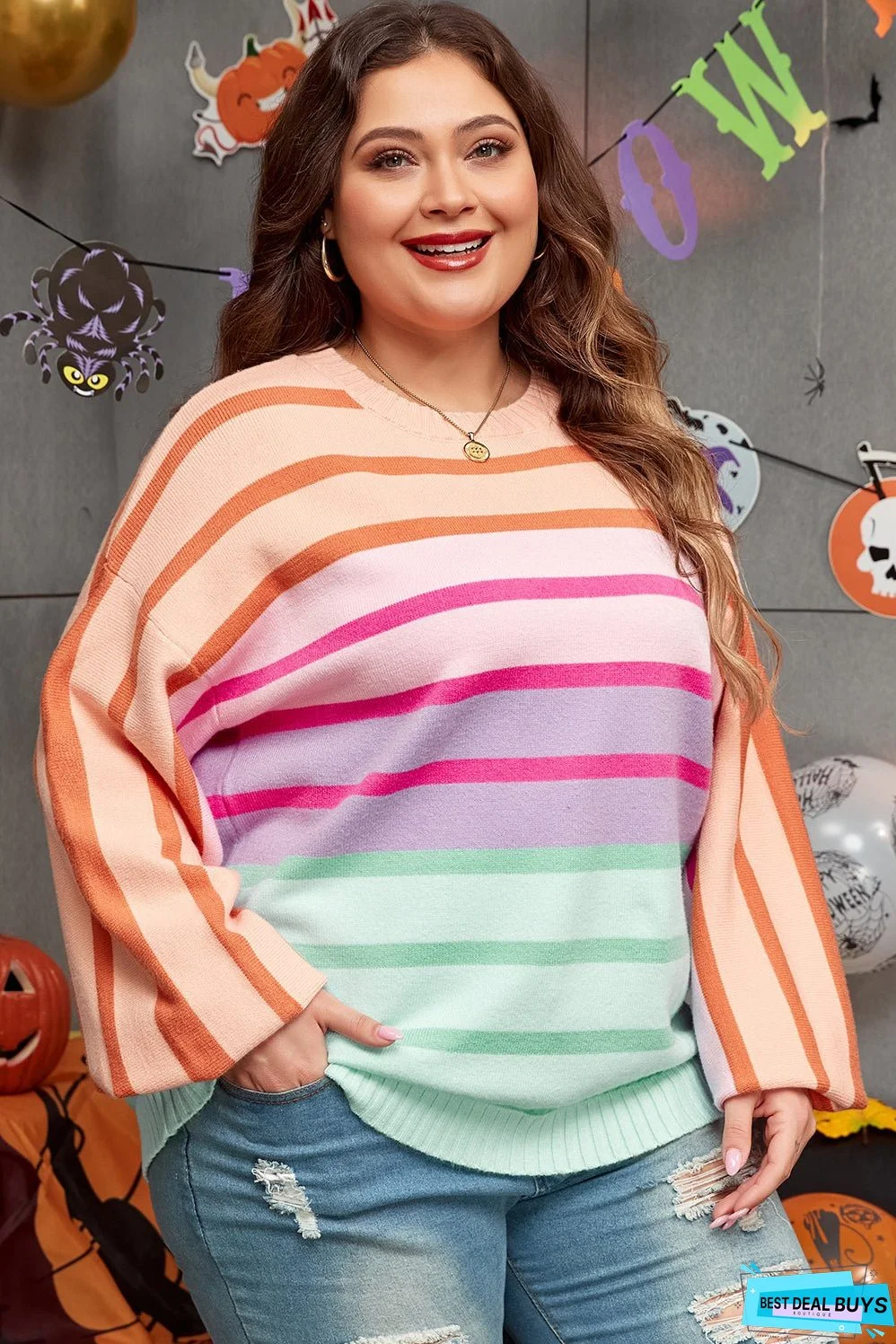 Balloon Sleeve Crewneck Plus Size Sweater