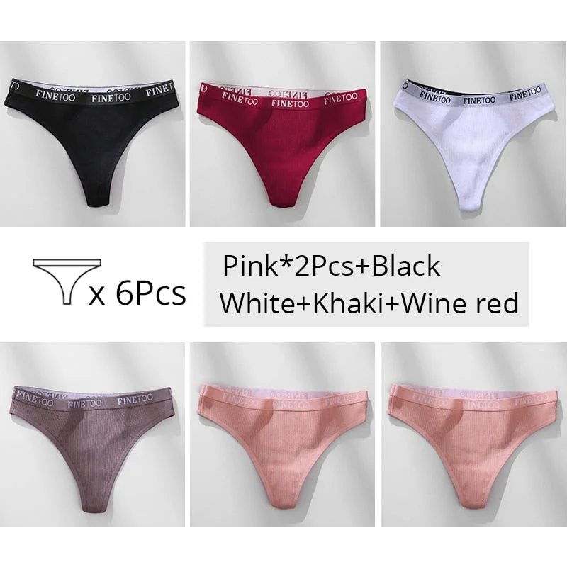 FINETOO Trendy Letter Thongs Cotton G-string Underwear M-XL Girls Bikini Underpants Comfortable Thong Panties 6Pcs Female Panty