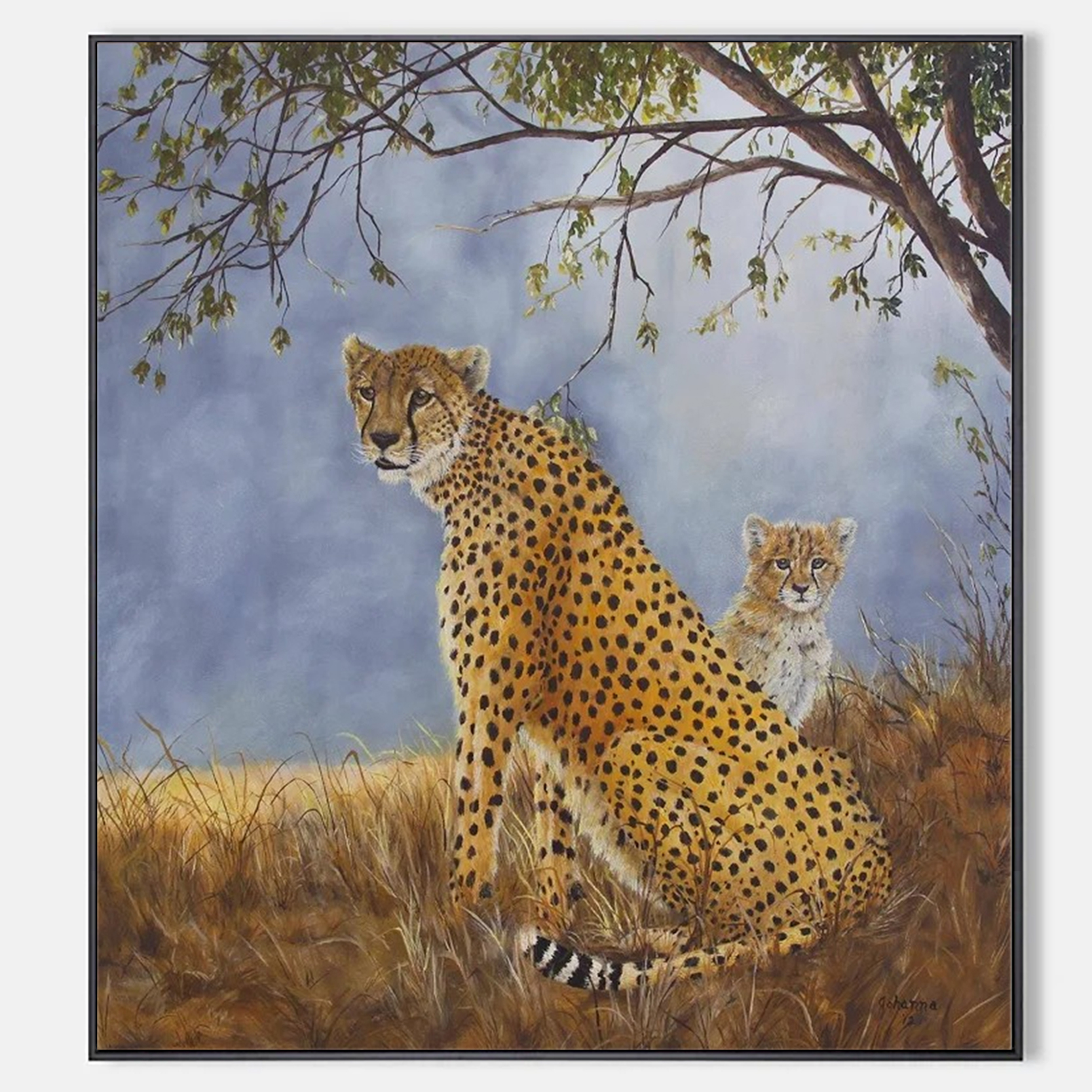 Arabelart AR1575 Cheetah and Cub Oil Painting: Realistic African Wildlife Art