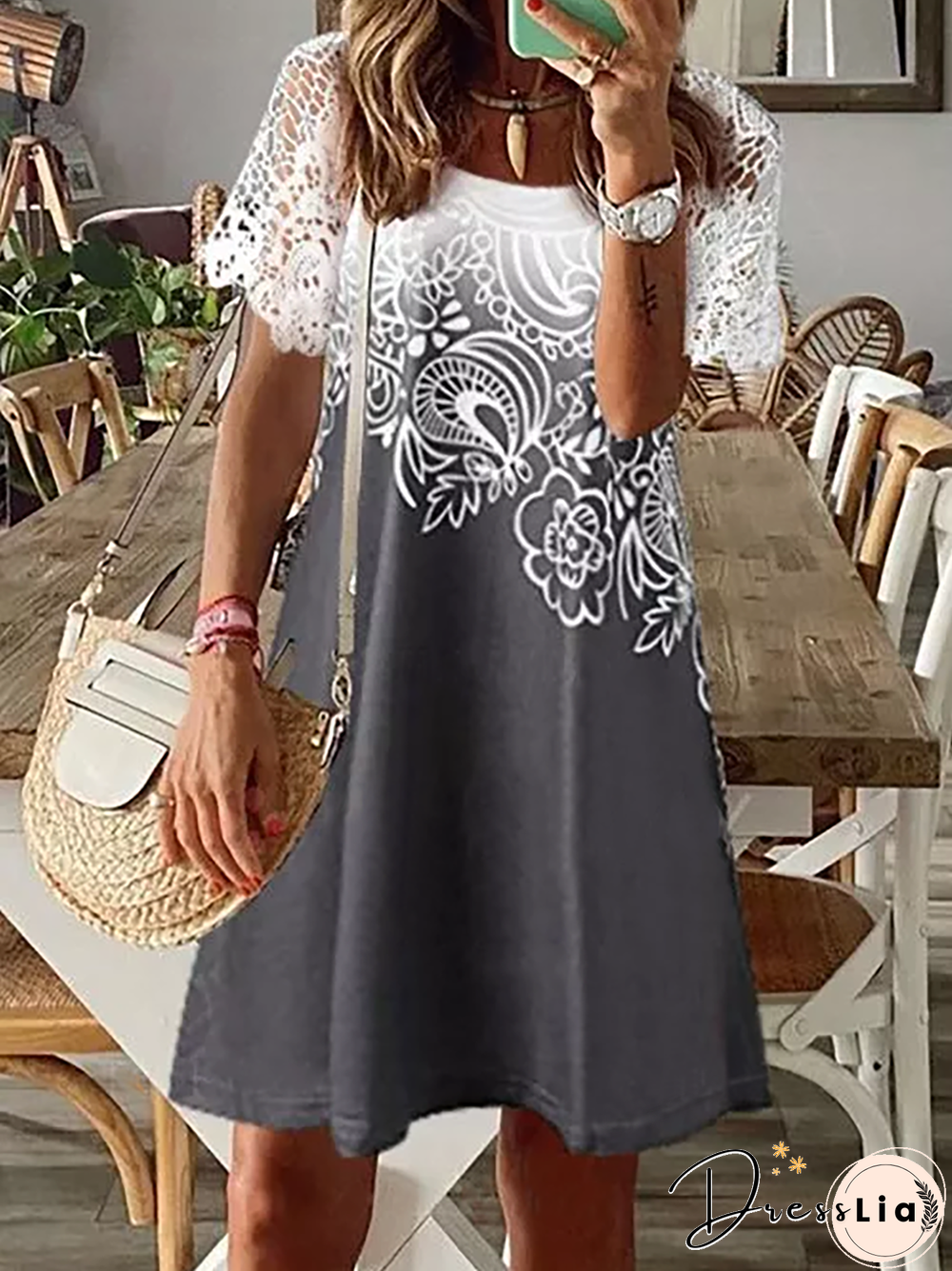 Plus size Short Sleeve Printed Casual Knitting Dress