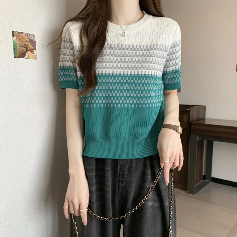 Uveng Uveng Gradient Striped T-Shirt Women's Summer New Oceanic Ice Silk Sleeve Sleeves