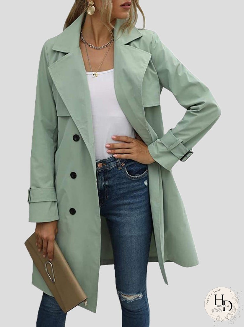 Coats Lapel Button Belt Long Trench Coat for Women