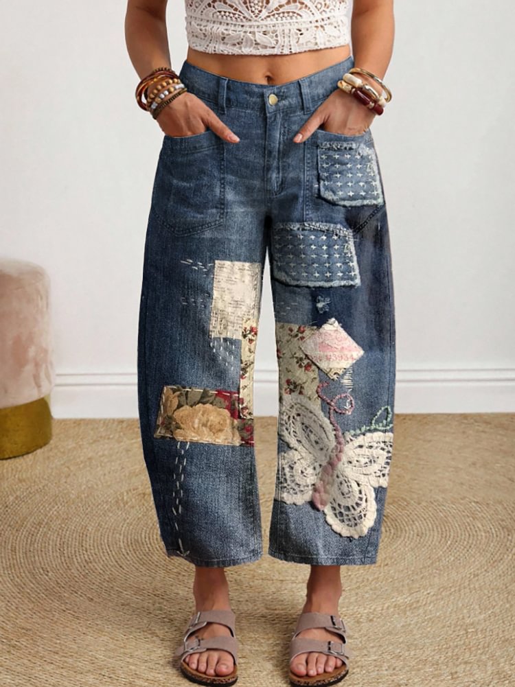 Women's Vintage Collage Pattern Art Prints Casual Jeans