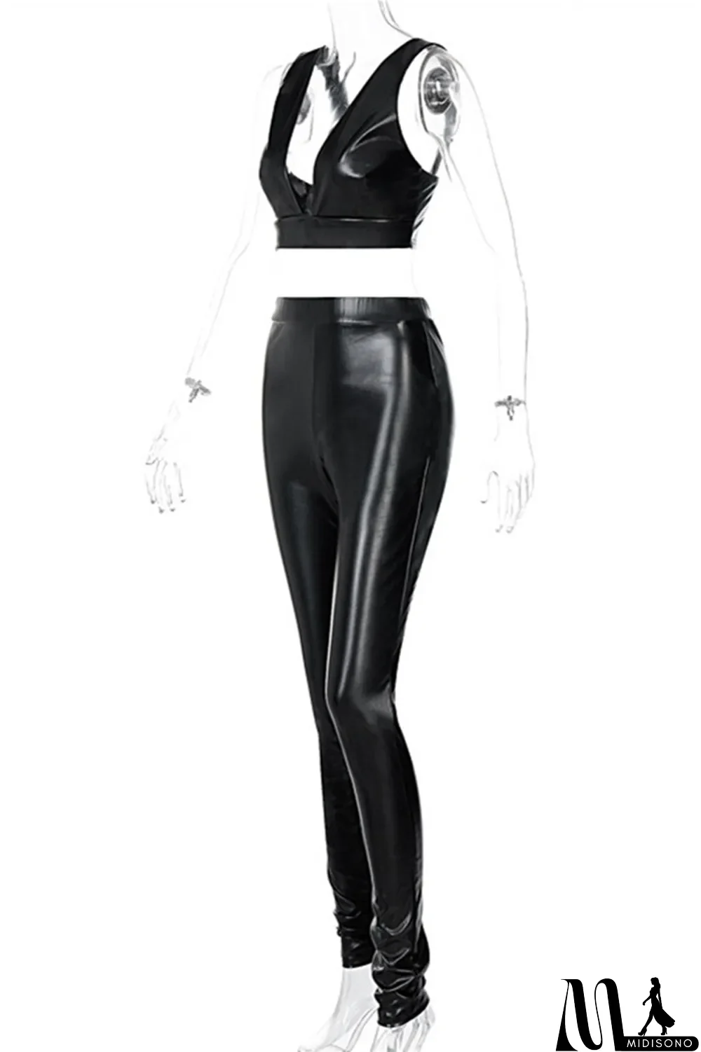 MidiSono - Black Fashion Sexy Solid Backless V Neck Sleeveless Two Pieces