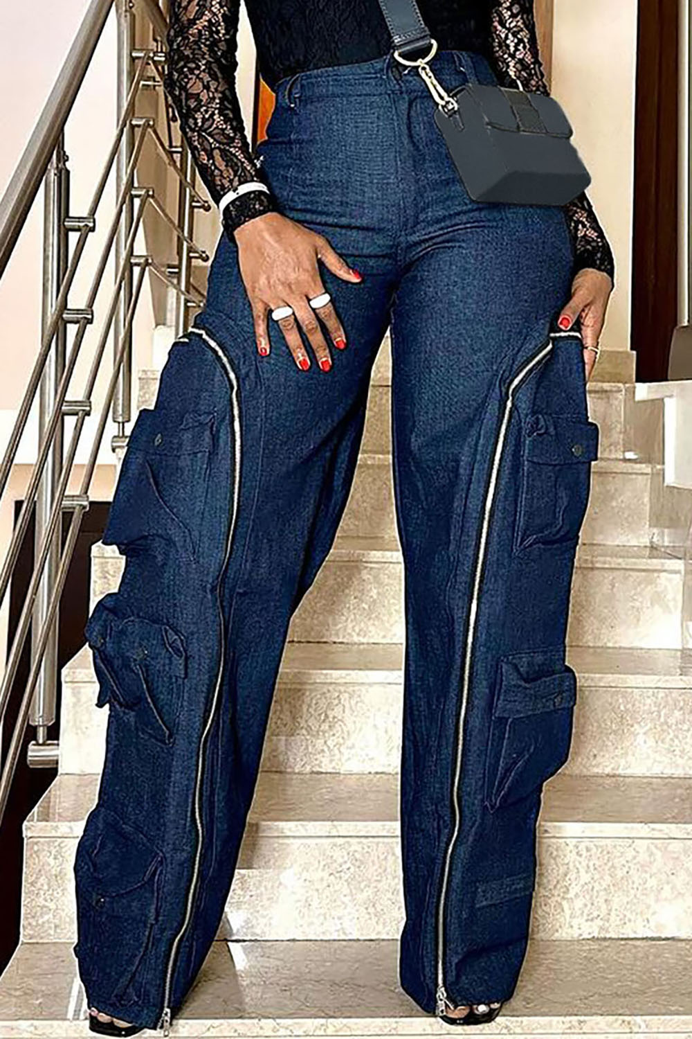 Plus Size Daily  Jeans Casual Blue Long Fall Winter Pocket Cargo Denim Jeans [Pre-Order]