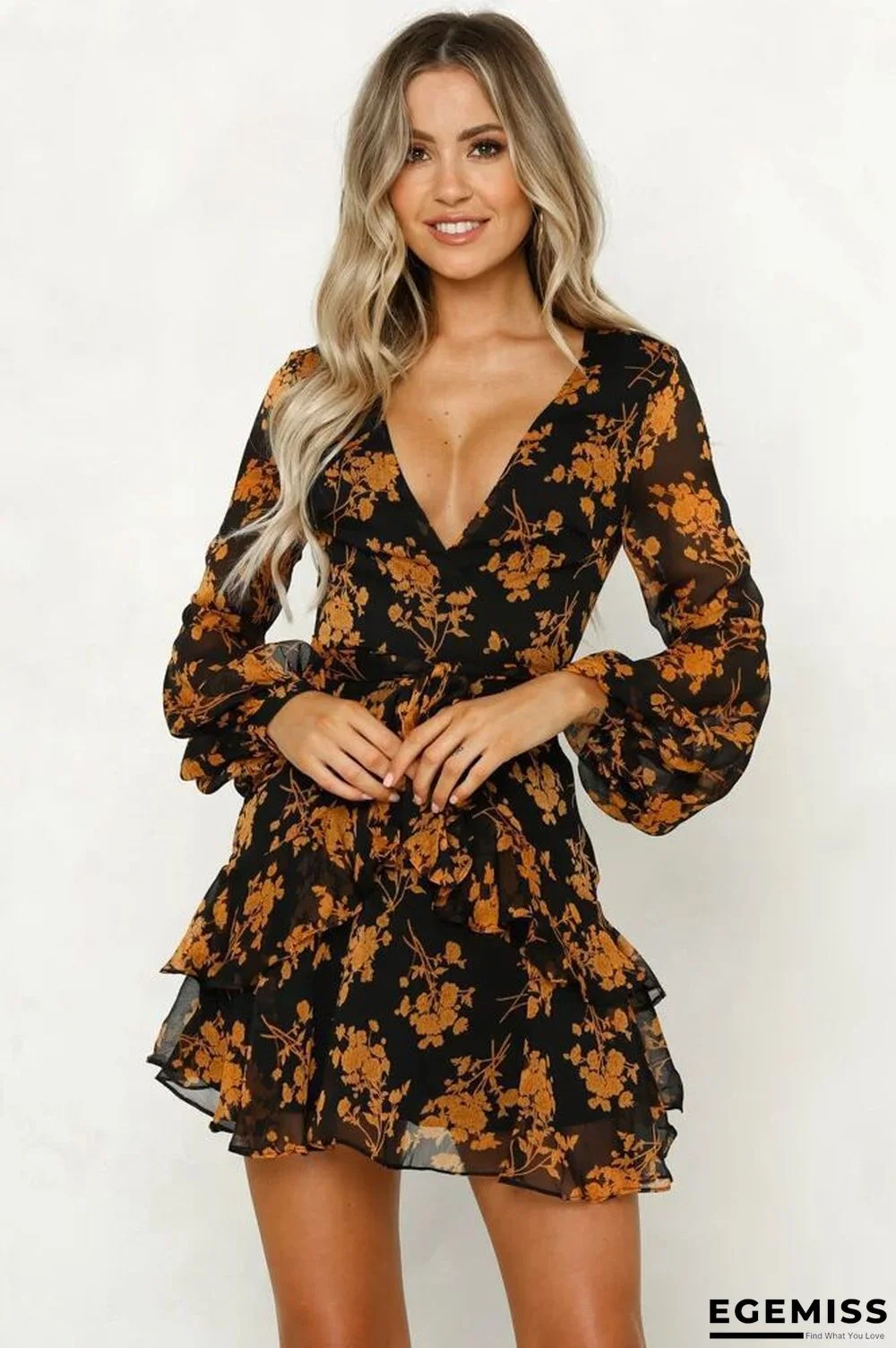 V-neck Floral Print Mini Dress Black Dresses | EGEMISS