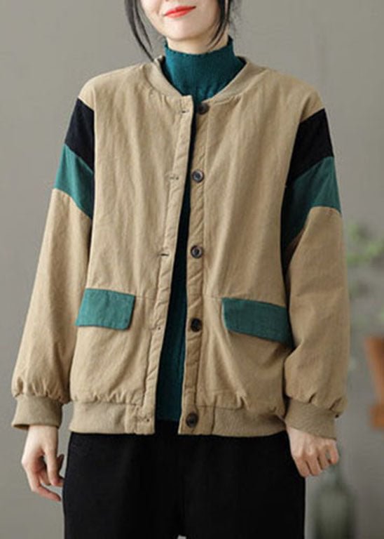 Modern Khaki O-Neck Pockets Patchwork Fine Cotton Filled Jacket Spring CK2555- Fabulory