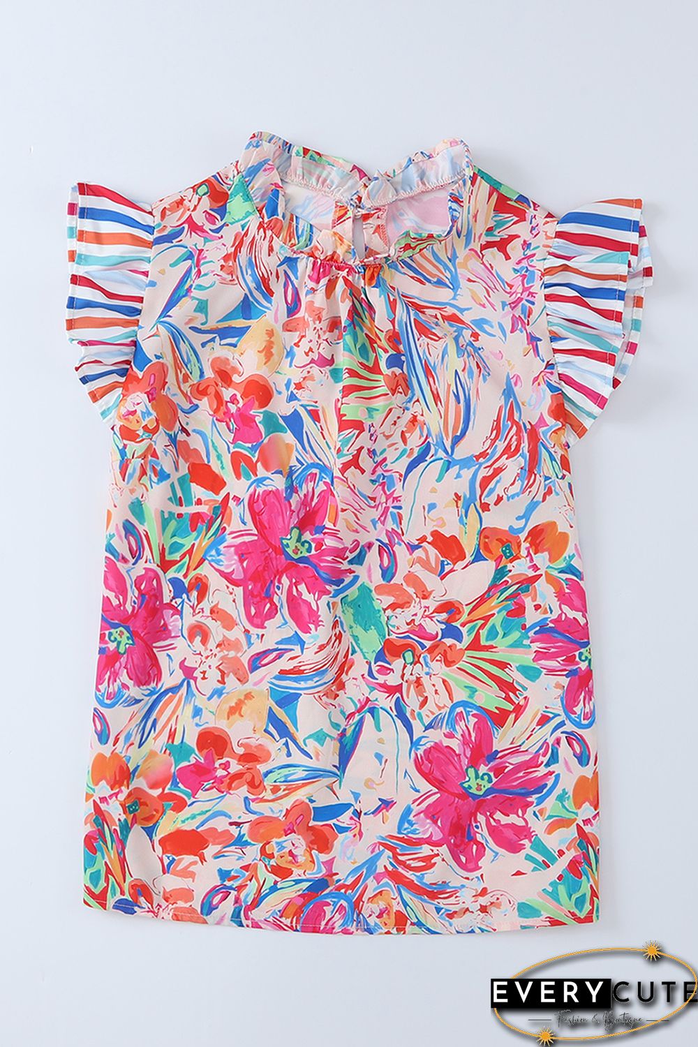 Multicolor Abstract Striped Patchwork Ruffled Short Sleeve Blouse