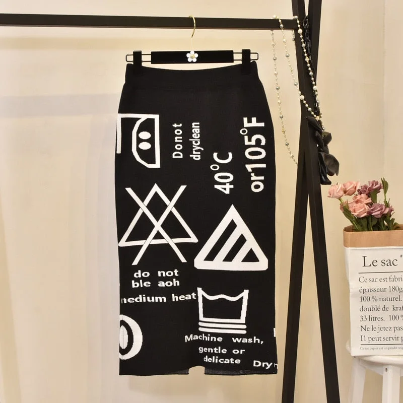Women's Autumn Skirt Knit Letters Split Winter Thick Soft Midi Pencil Skirts Japan Girl Harajuku Woman Faldas Female LS153
