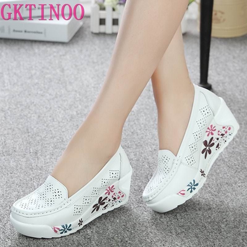 GKTINOO New Women's Genuine Leather Platform Shoes Wedges White Lady Casual Shoes Swing mother Shoes Size 35-40
