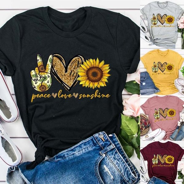 Women's Fashion Short Sleeve Summer Peace. Love. Sunshine. Sunflower Printed Casual T-shirt - Shop Trendy Women's Clothing | LoverChic