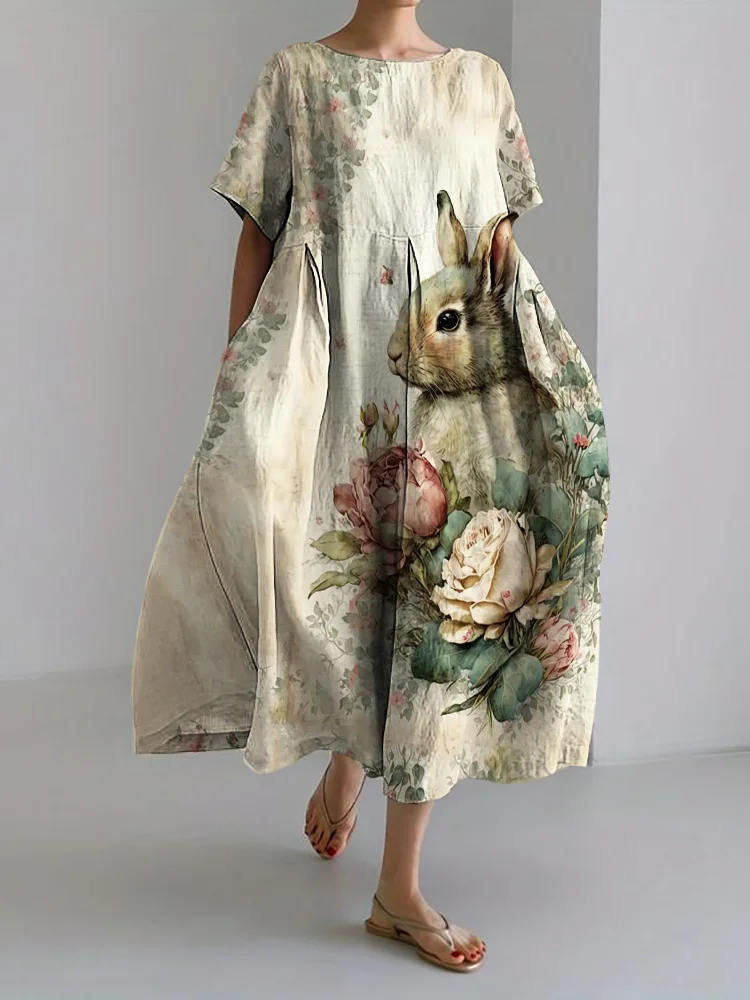 Comstylish Vintage Bunny Floral Art Linen Blend Maxi Dress