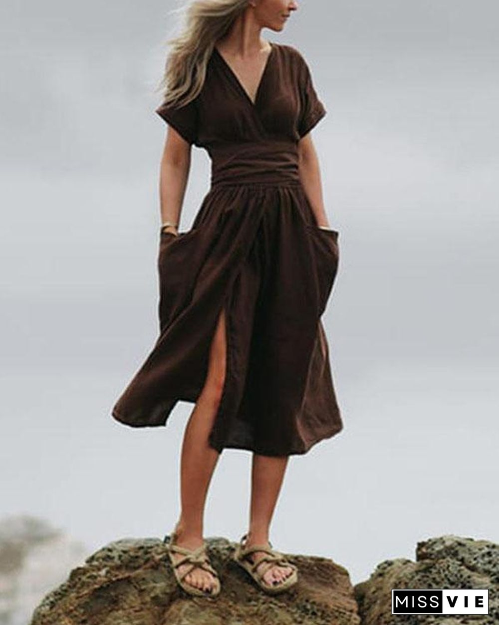 Elegant Solid V Neck Linen Bandage Waist Dresses