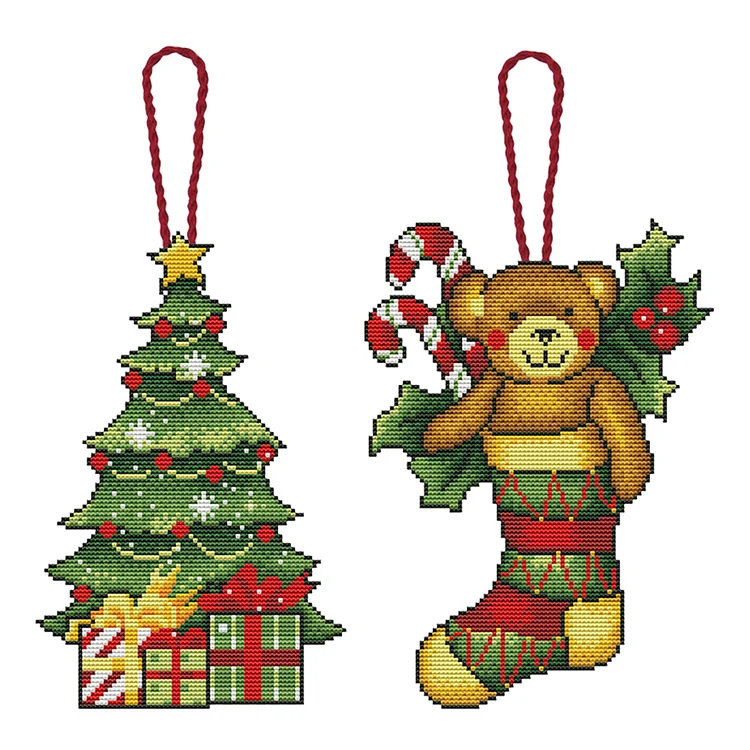 11CT Printed Christmas Tree Bear Embroidered Pendant for DIY Art Home Crafts