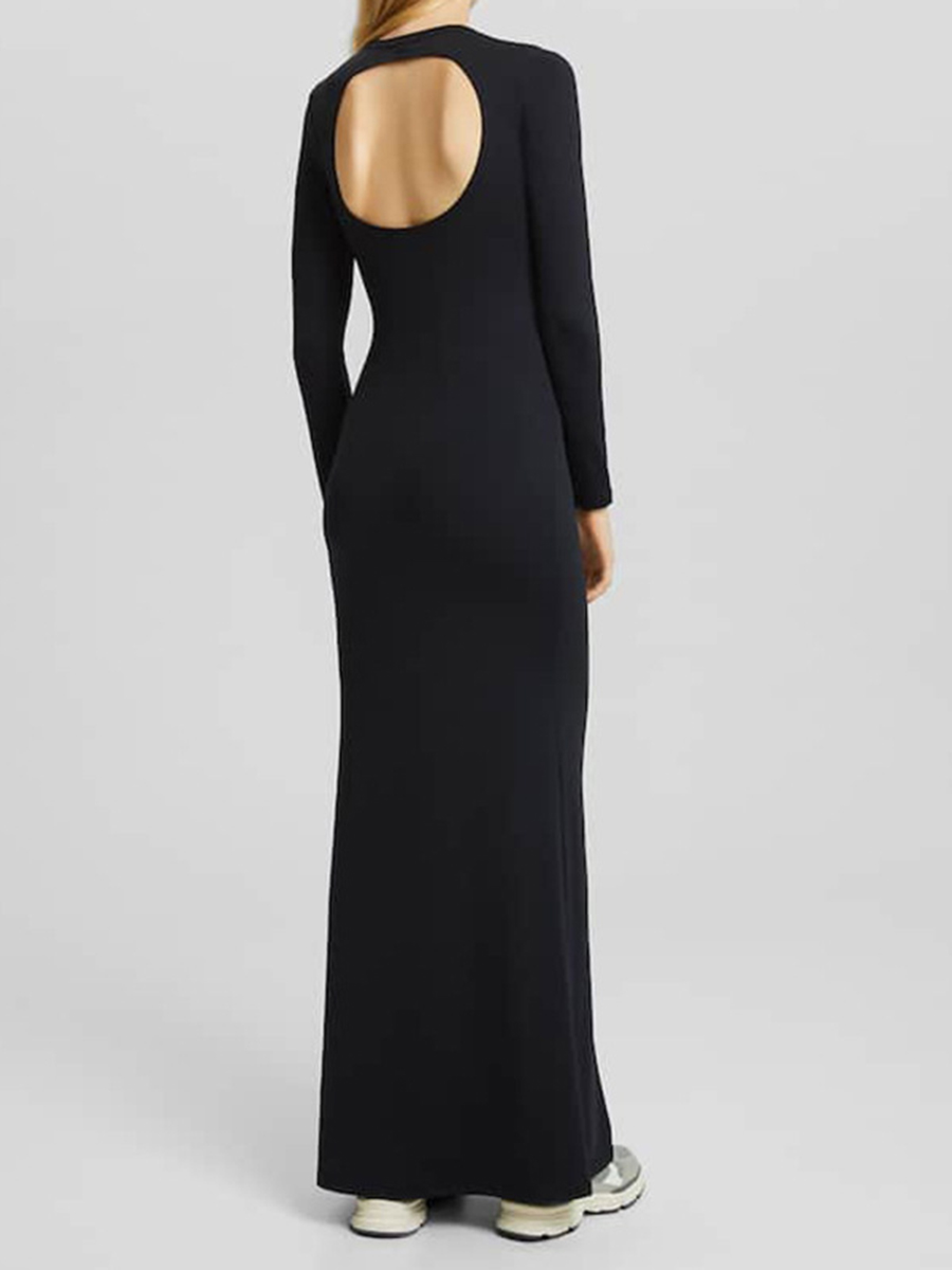 Bare Back Round Neck  Long Sleeve  Knitted Slim Midi Dress
