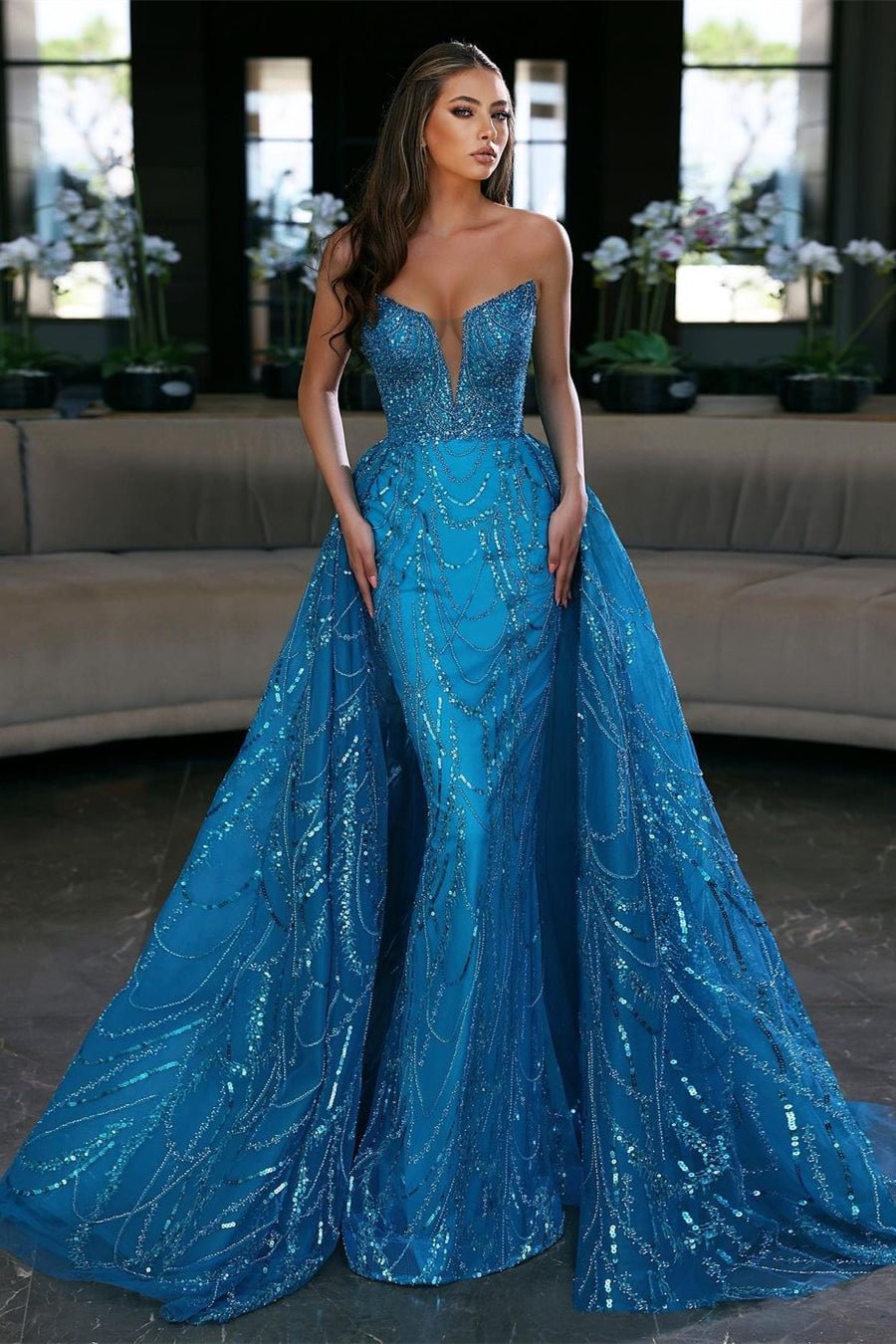 Ocean Blue V-Neck Sleeveless Sequins Prom Dress Mermaid With Ruffles | Ballbellas Ballbellas